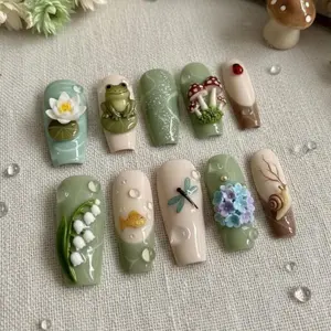 Luxury Forest Mushroom Press On Nails: 3D Frog Snail Reusable Cottagecore Set