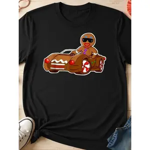 Men's 230g heavyweight washed printed T-shirt, loose fit summer streetwear, Christmas gingerbread man car-themed men's T-shirt, gift for him during the holiday season, style 01, loose street style urban casual summer wear, available in multiple colors