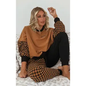 Comfort Sweat Pant BRWN BLCK CHECK Plaid Pattern with Drawstrings & Pockets Casual Full-length Trouser for All Seasons Womenswear