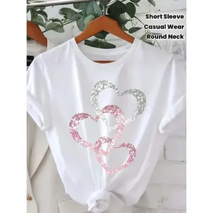 Silvery Pink Heart Pattern Printing This Product Is Designed As a Printing Pattern, Rhinestones Sequins Are Only for Visual Effect T-Shirt Short Sleeve Round Neck Casual Tops Summer Spring Women's