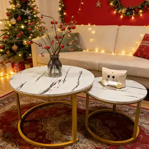 27inch Coffee Table Nesting  Set of  2 Side Set Golden Frame Circular Round and Marble Pattern Wooden Tables, Living Room Bedroom Apartment Modern Industrial Simple Nightstand
