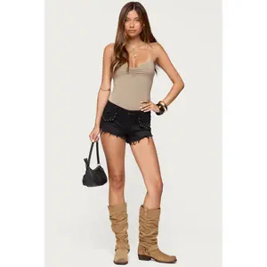 Studded Low Rise Denim Micro Shorts