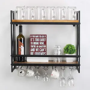 Rustic Wall Mounted Wine Racks with 6 Stem Glass Holder,23.6in Industrial Metal Hanging Wine Rack,2-Tiers Wood Shelf Floating Shelves,Home Room Living Room Kitchen Decor Display Rack