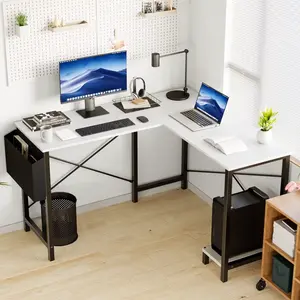 L Shaped Computer Desk with Wooden Desktop CPU Stand Side Bag Reversible, White