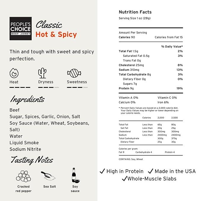 People's Choice Beef Jerky - Classic - Hot & Spicy - Big Slab - Whole Muscle Premium Cuts - Bulk Jerky Package - Thin Sheets - Low Sodium Low Salt High Protein Meat Snack - 15 Count, 1 Bag Flavor