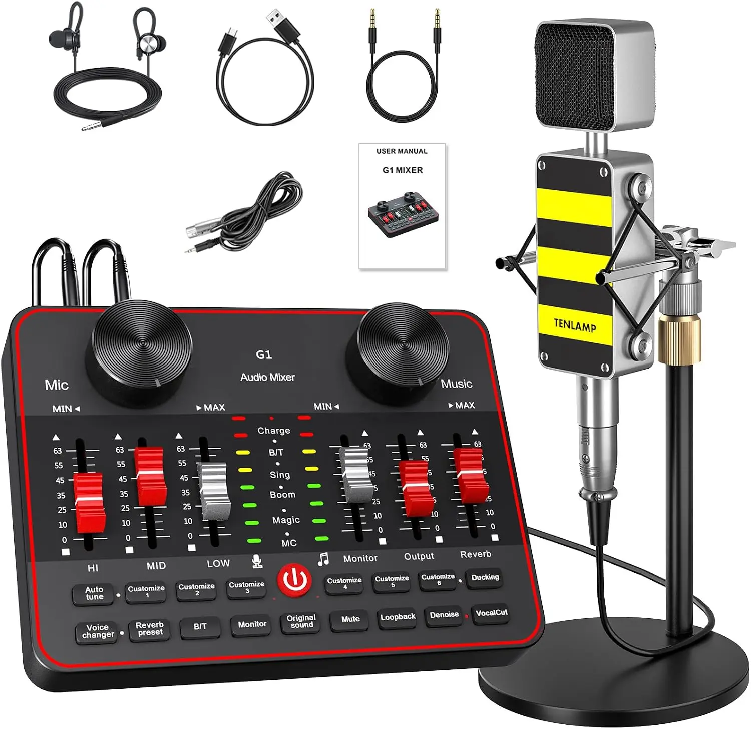 Neculogy Podcast Equipment Bundle, Audio Interface with Cardioid Designer BM800 Mic for Gamer and All-In-One DJ Mixer, Perfect for Live Streaming, Singing, Youtube, Gaming neculogy
