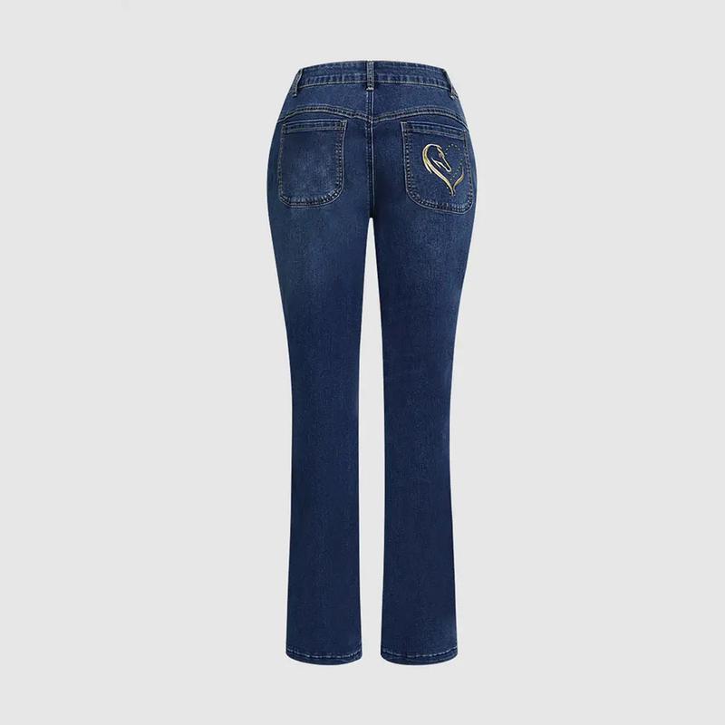 Women's High-Waist Fold-over Jeans, Wide-Leg Full-Length Jeans With An Embroidered Layered Waistband, Vintage-Wash Denim For All Seasons distressed flares