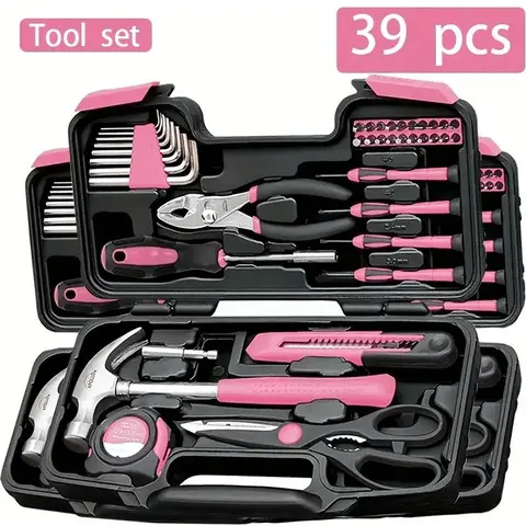 39-Piece Carbon Steel Metal Household Manual Toolkit - Hammer, Wrench, Screwdriver, Screws Included - Compartmentalized Storage - Ensures Longevity - Ideal for Home Repairs, DIY Projects - Great Gift for Handymen