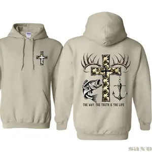 Christian Camo Cross Youth and Adult Hoodie or T-shirt, Deer Antler Fish Anchor Graphic Pullover Hoodie, Faith Hunting Gift, Jesus shirt, fishing shirt, trending tee, youth clothing, country boy shirt, gift for son and daughter, family shirt