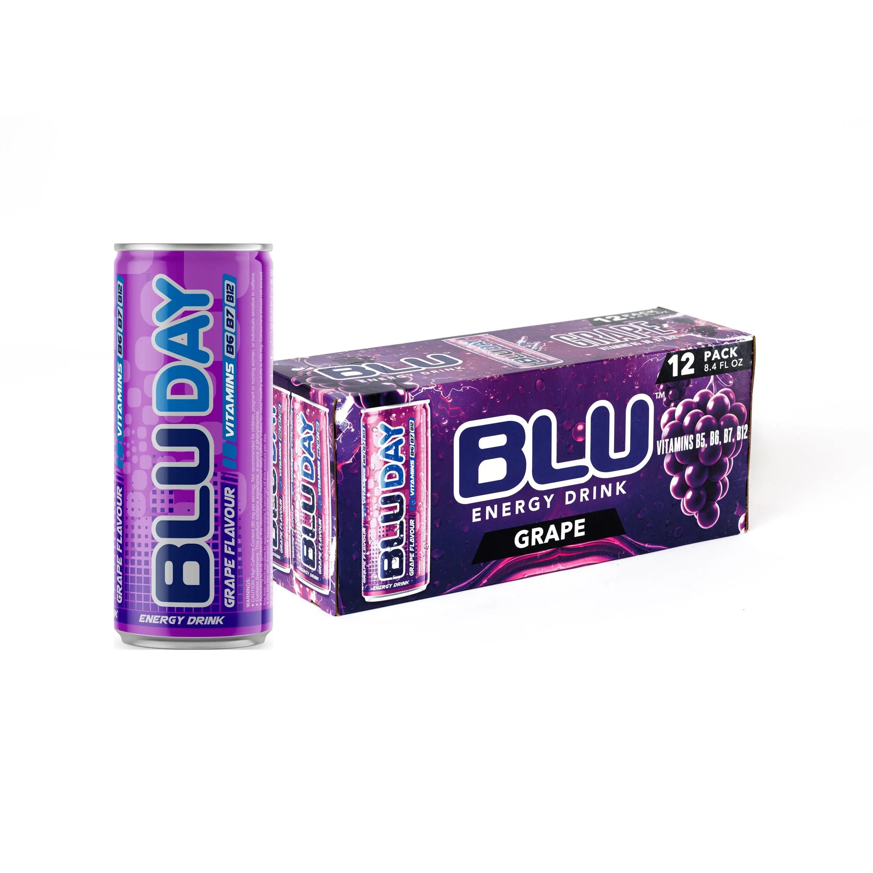 BLU Grape 12-Pack Energy Drink - Smooth Refreshing with B Vitamins B3 B6 B12 for Focus & Energy - 8.4 fl oz - Clean Energy Beverage