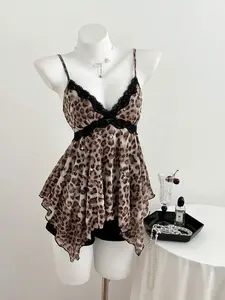 Meghana Yk2 Leopard Print Lace Trim Asymmetric Hem Women Tank Top