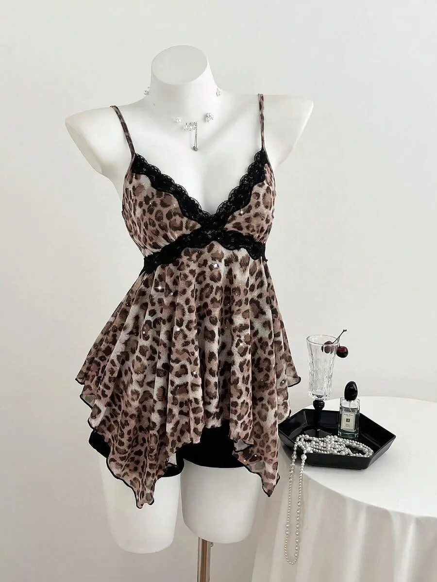 Meghana Yk2 Leopard Print Lace Trim Asymmetric Hem Women Tank Top