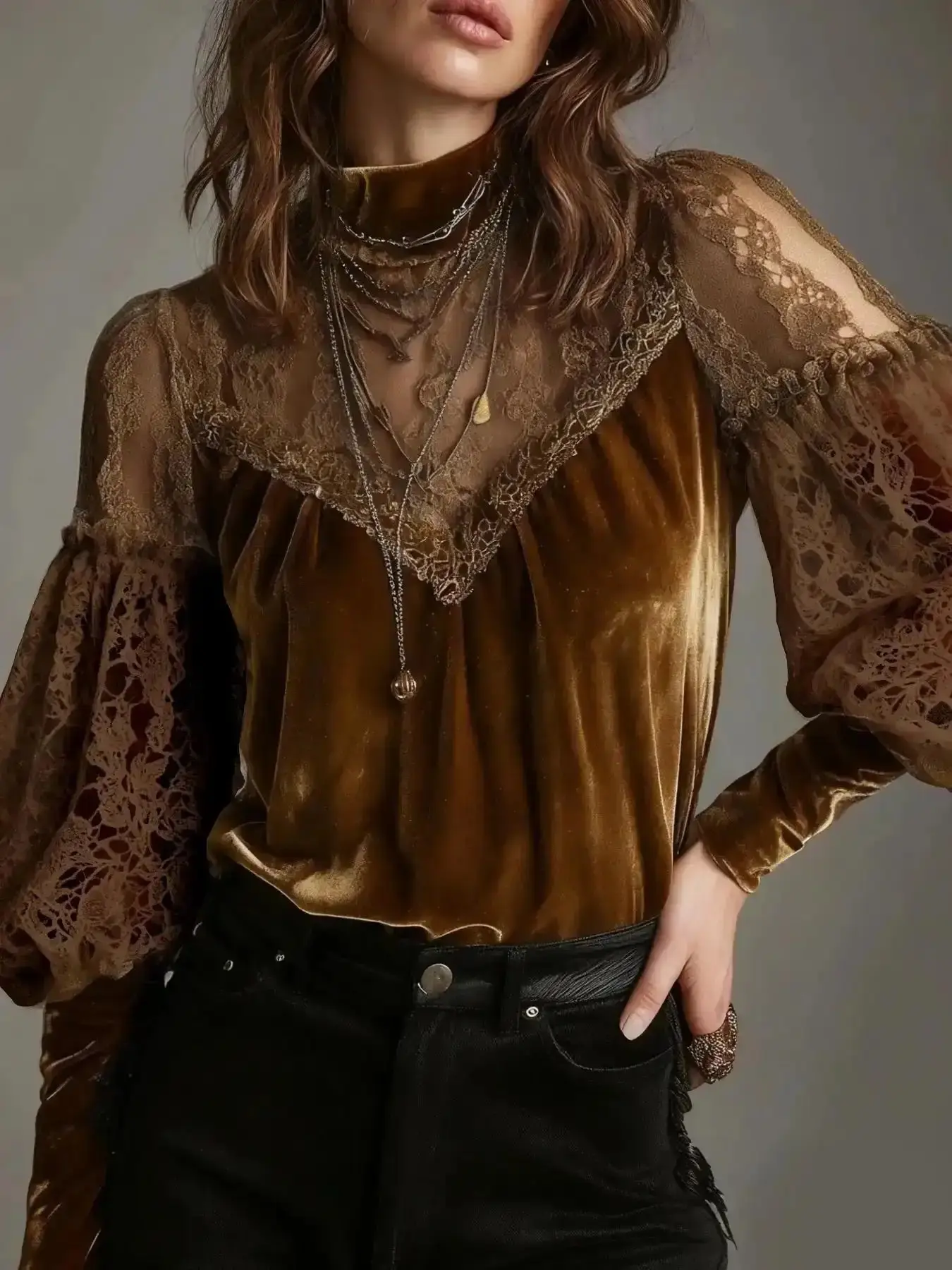 High-Quality Velvet Half High Neck Lace Patchwork Top Elegant Lantern Sleeves Fitted Design Fall and Winter Fashion Blouse piece, Classic, Flattering, Lightweight, Cute, Casual, Modern