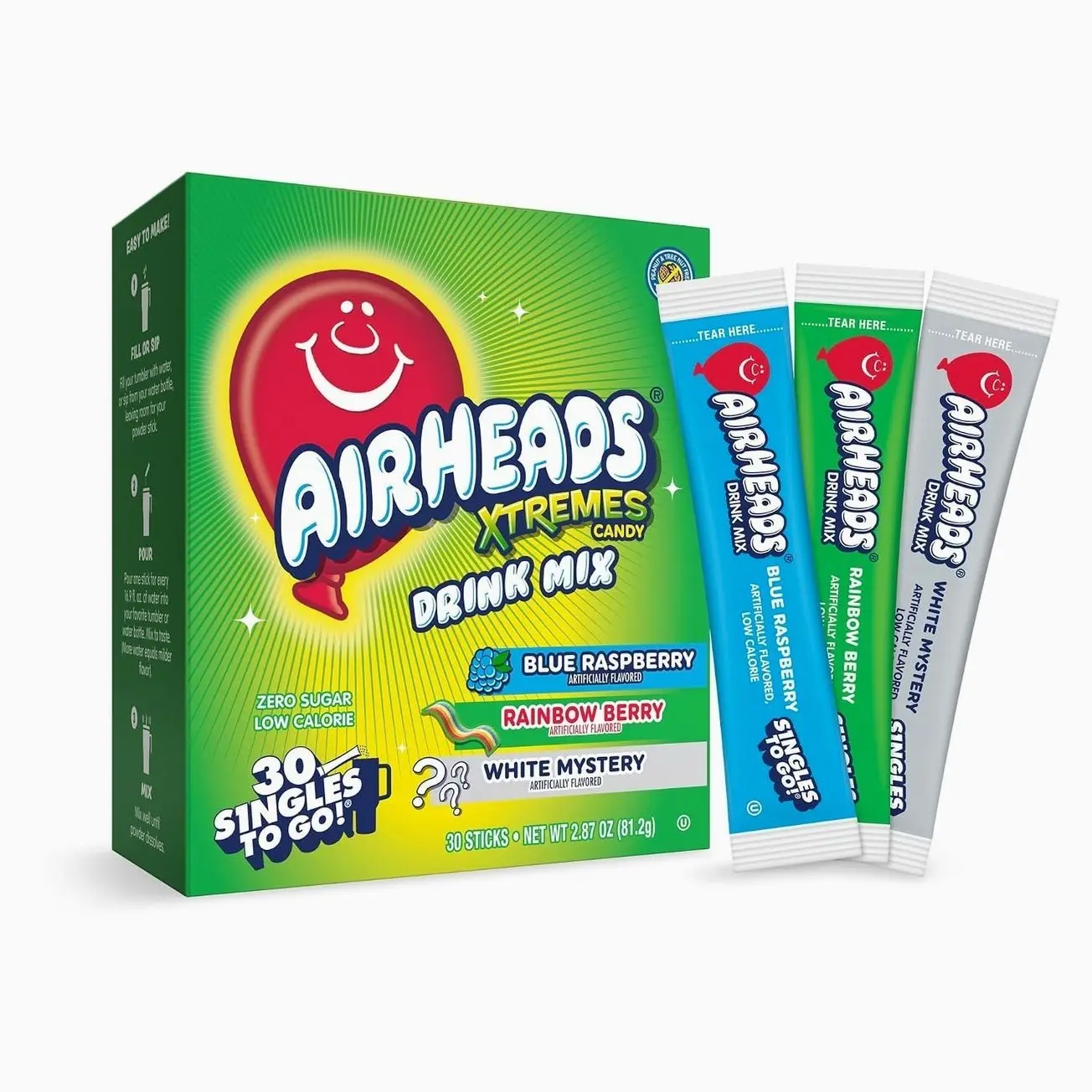 Airheads Xtreme Singles To Go! Drink Mix 30ct Variety Pack, Zero Sugar, Low Calorie, Sweet & Sour Powder Drink Mix Packets, Blue Raspberry, Rainbow Berry, White Mystery, 30 Count
