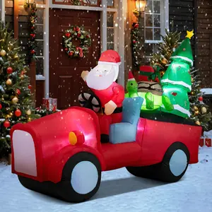 7 FT Contemporary PVC Christmas Inflatable Decoration - LED-Lit Irregular Santa on Train, Carrying Turtle & Christmas Tree, Weatherproof, Power Adaptor Included, Lawn Decor for Garden, Patio