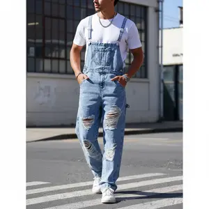 Men's Blue Vintage Washed Ripped Denim Overalls, Soft Breathable Fabric, Stylish Versatile Design, Ideal for Outdoor Work & Casual Wear, Blending Fashion and Functionality summerwins