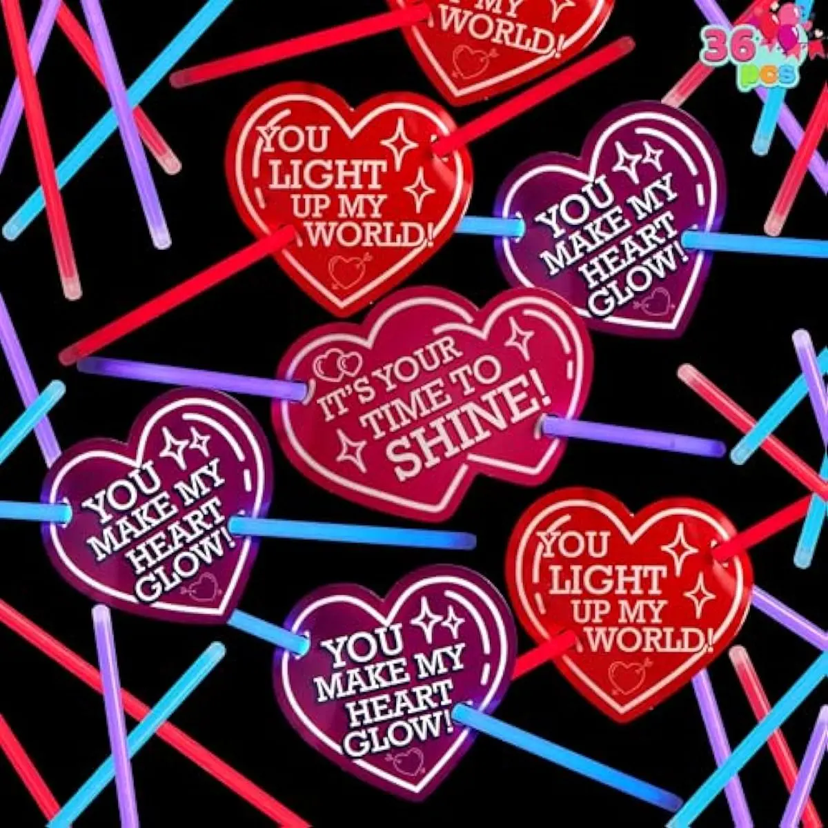 36 Packs Neon Valentines Day Gift Heart Cards with Glow in the dark Sticks, Valentine cards for kids, Valentine's Party Favor, Valentine Classroom Exchange Cards, Valentine School Prize