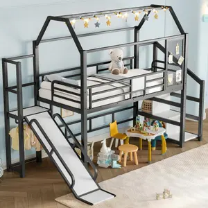 Bellemave  House Loft bed with Slide and Stairs, Metal Playhouse Bed with Storage Shelves, House-shaped Roof and Noise-free Design