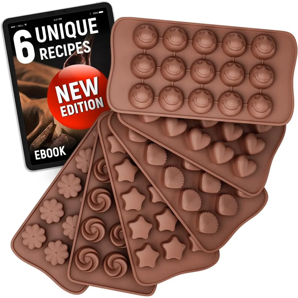 6-Piece Flexible Silicone Chocolate Molds - Food-Grade, Non-Stick, Waterproof - Smiley, Flower Designs - For Bite-Sized Chocolate, Jelly Candies - Dishwasher Safe, Ebook Included for Kitchen Candy Lovers