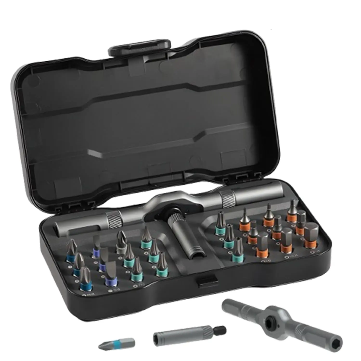 24 in 1 Dly Magnetic Ratchet Screwdriver Set Compact and Portable Mini Screwdriver with Ratcheting Allen Wrench Set Removable Self Assembly Precision Repair Tool Kit for PC Mobile Phone Bicycle Black with Storage Case