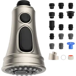 Kitchen Faucet Head Replacement with Pull Down Spray Head, 3 Function Faucet Sprayer Nozzle - 15 Adapters Compatible with Moen, American Standard, Delta, Kohler - Brushed Nickel