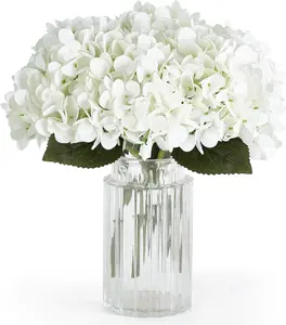 6 Pack Artificial Hydrangea White Fake Folwers with Long Stem and Leaves Faux Floral Real Touch Decorative Flowers for Home Decor