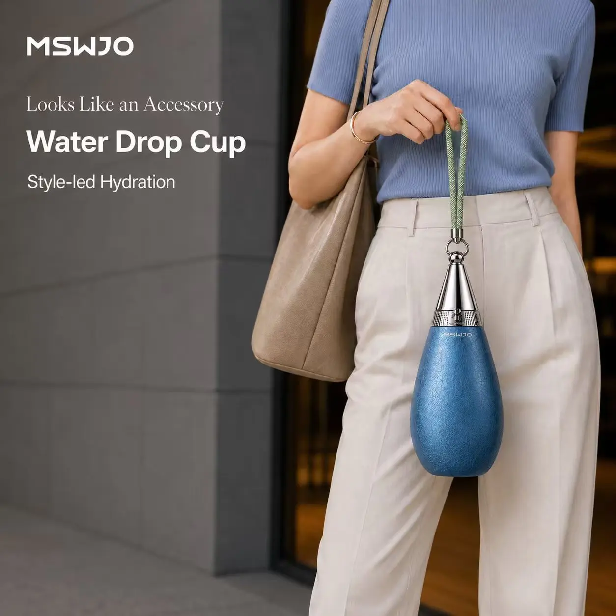 MSWJO Stainless Steel Portable Vacuum Insulated Flask - 15.2 oz (450ml) Gingham Drop-Shaped Tumbler with Straw, Detachable Woven Strap, Leak-Proof for Gym, Travel