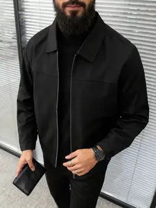 Men's Casual Versatile Long Sleeve Jacket, 100% Polyester Fiber Fabric, Zipper Closure Design, Slim Fit Business Style Collar Coat