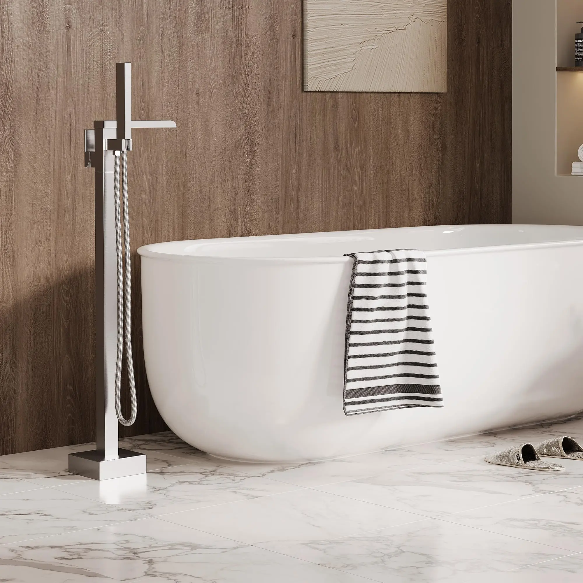 Garvee Freestanding Bathtub Filler with High-Flow Shower Mixer Valve - Floor Mounted Tub Spout and Standing Shower Faucet System for Modern Bathrooms, Stylish and Functional