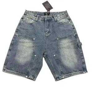 Oversized High Street Carpenter Jorts, Vintage Washed w/ Embossed & Stud Details, Y2K Baggy Denim Shorts, Unisex Edgy Streetwear for Summer Music Festival OOTD