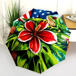1 PC Automatic Folding Umbrella - American Flag Frog Hibiscus Circle Pattern, Portable & Foldable Design with 8 Ribs, Merry Christmas Pattern,Casual Outdoor Accessory Halloween and Christmas Birthday Gifts. G00114