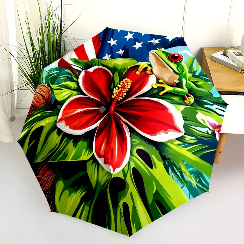 1 PC Automatic Folding Umbrella - American Flag Frog Hibiscus Circle Pattern, Portable & Foldable Design with 8 Ribs, Merry Christmas Pattern,Casual Outdoor Accessory Halloween and Christmas Birthday Gifts. G00114