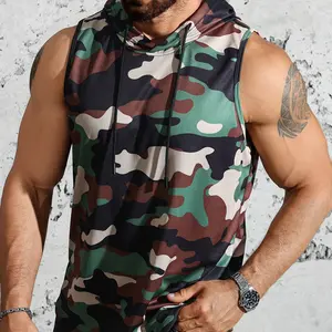 Camouflage Men's Vest with Hood: Drawstring Adjustment Lightweight Breathable Sleeveless Shirt for Sports and Casual Wear