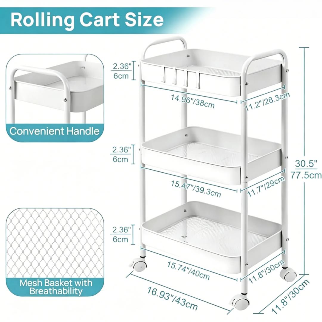 3 Tier Rolling Cart Metal with Wheels, White Three Tiered Craft Cart Organizer on Wheels, Storage Utility Carts for Art, Baby Nursery,Diaper Caddy, Cleaning Supplies, Nail,Lash,Snack,Book,Roller Shelf Love