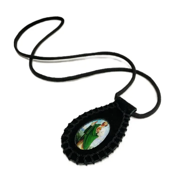 San Judas Black Scapular Necklace with Saint Judas Image on Black Fabric Pendant