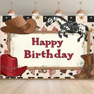1pc 2D Flat Vintage Cowboy "happy Birthday" Backdrop Banner - Polyester Fiber, Western-Themed Decor Hats, Horse, Stars, Ideal Events, Photo Booths, Studio Props, Birthday