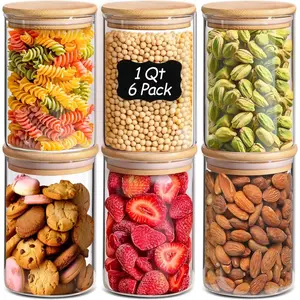 1 Qt Glass Storage Containers with Lids, Glass Jars with Lids, Clear Food Storage Jar, Round Canister Set of 6, Pantry Organizers for Cookie Pasta Flour Rice Tea Coffee Bean