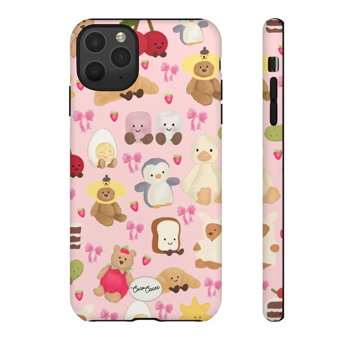 Magsafe iPhone Case Kawaii Jelly cat Aesthetic - Strawberry Teddies Coco Phone Case – Soft Pink Aesthetic Cover with Teddy Bear, Penguin, Strawberry & Bow Pattern – Adorable Shockproof Protective Case |     Cover for IPhone 17 16 15 14 13 12 SE