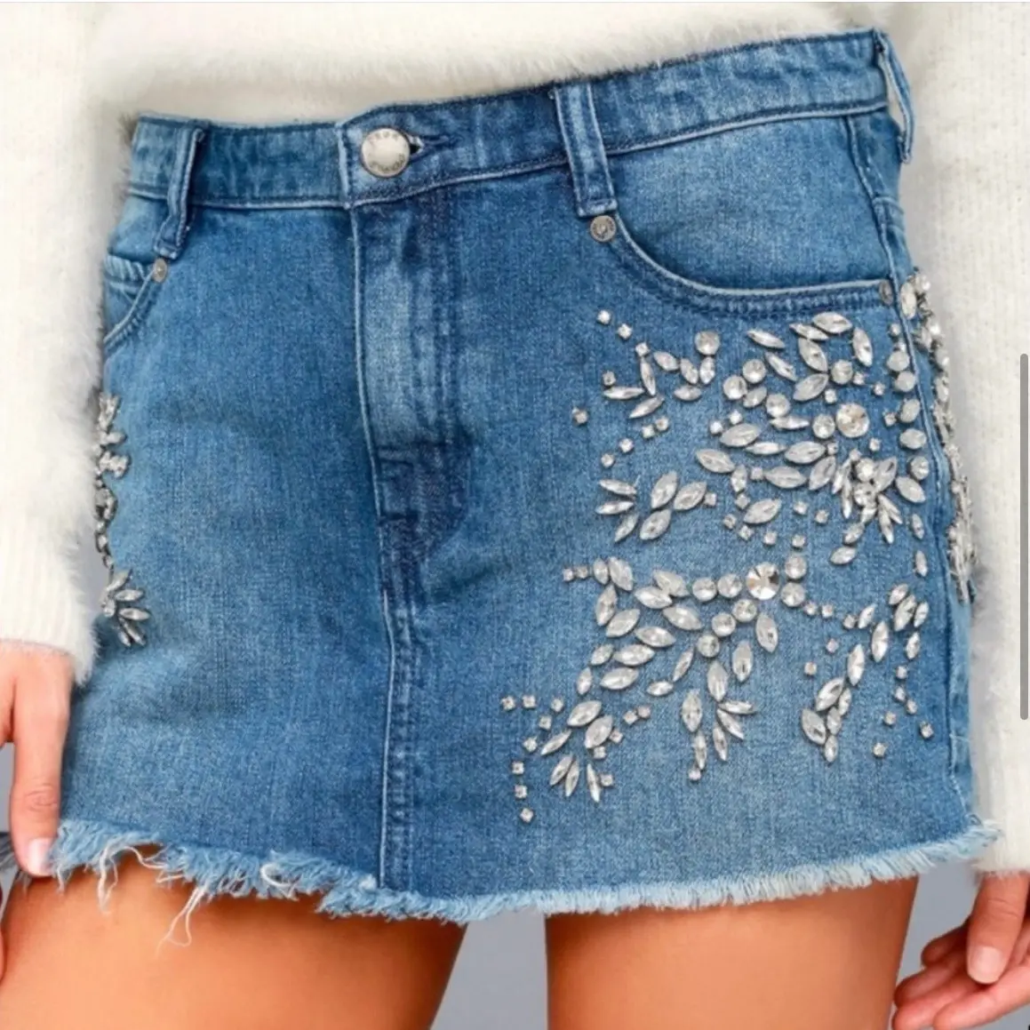 Free People Shine Bright Denim Crystal Embellished Mini Skirt - Size 4