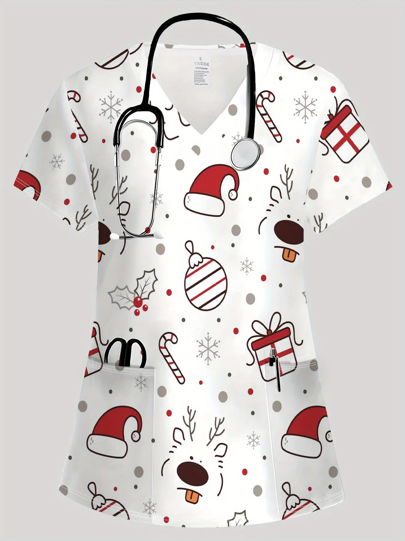Women's Fashion V-neck Short-sleeve Scrub Top with Pockets, Featuring Vibrant Cartoon Elements, Breathable Casual Style, Suitable for All Seasons and Daily Use. Made from Comfortable and Stretchy Fabric, Ideal for Doctors, Nurses