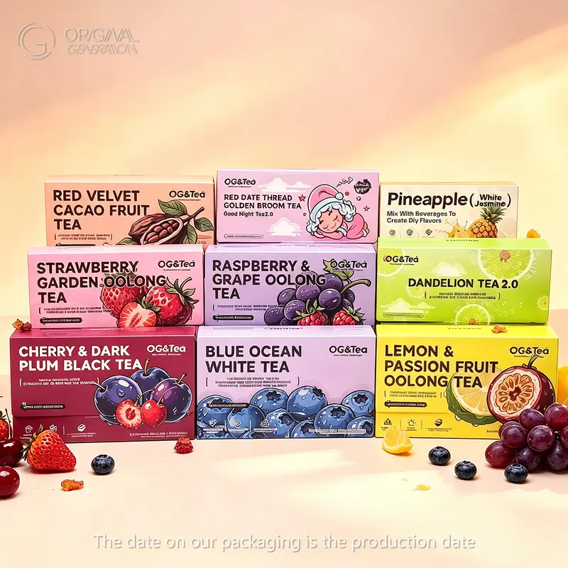 All 9 Fruity Tea Beverage Variety Pack - 90 Total (10 Packs per Box) Natural Blend Herbal Teas: Blue Ocean, Red Velvet, Strawberry, Cherry, Goodnight, Raspberry, Pineapple, Dandelion, Lemon Passion Fruit - Ideal for Friends & Daily Enjoyment