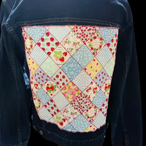 New Upcycled Jean Jacket Size Medium Quilted Strawberries