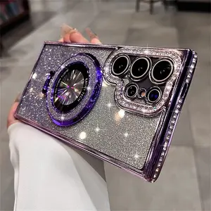 Luxury Phone case: Glitter Gradient Rhinestone Magnetic Mirror Bracket Protective Case Cover for Samsung Galaxy S26/S25/24/23/Ultra/Plus