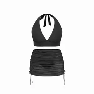 Cider V-neck Halter Cheeky Tankini Swimsuit With Drawstring Cover Up Skirt Curve & Plus