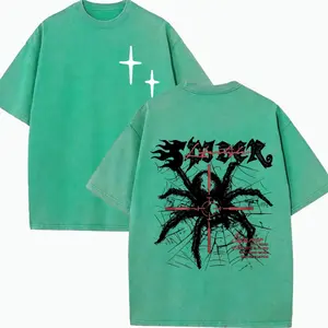 Vintage Harajuku Street Spider Double-Sided Print Pattern, Men's Vintage Streetwear Basic T-Shirt, Loose Hip-Hop and Androgynous Top, Washed Cotton Short-Sleeved Round-Neck T-Shirt for Summer Outdoor Men's Clothing.