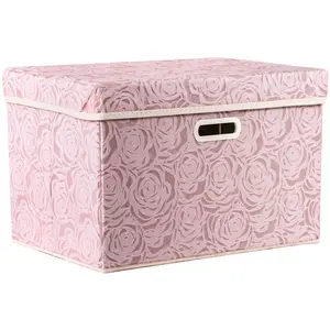 Larger Collapsible Storage Bin with Lid [1-Pack] Fabric Decorative Storage Box Cube Organizer Container Baskes with Handles Divider for Bedroom Closet Living Room Pink 17.7x11.8x11.8 Inch