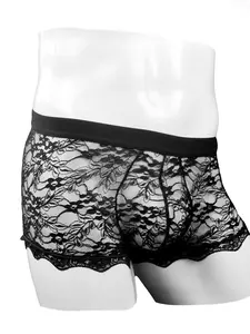 Men's Lace Back Tie Sheer Transparent Mesh Low Waist Floral Small Briefs, Stylish Underwear for Everyday Wear, Comfortable and Breathable