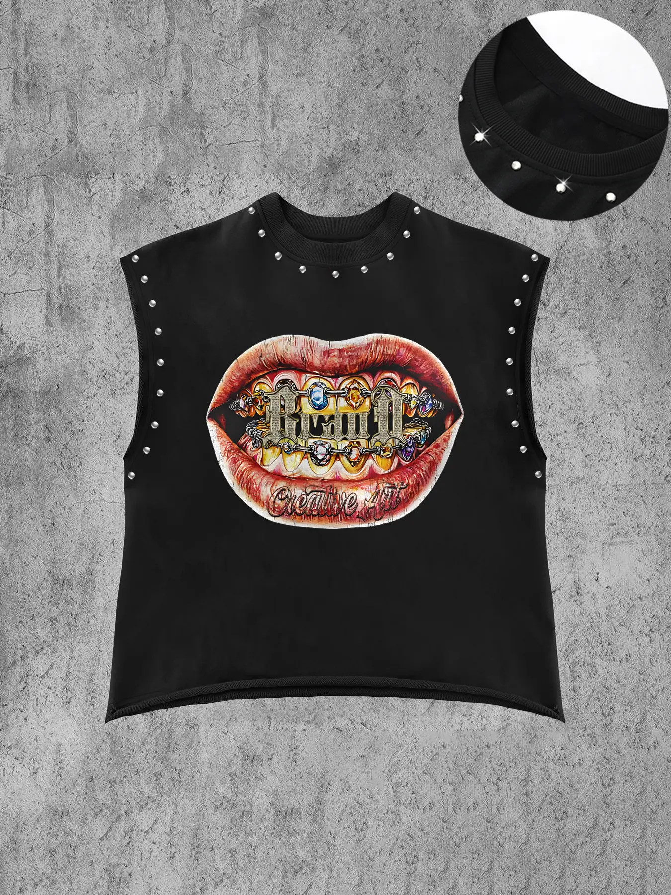 Unisex Sleeveless Short Vest, Summer Trendy Rhinestone Lip Print + Studs, Loose Comfortable Fit, Rock Concert Streetwear, Casual Style