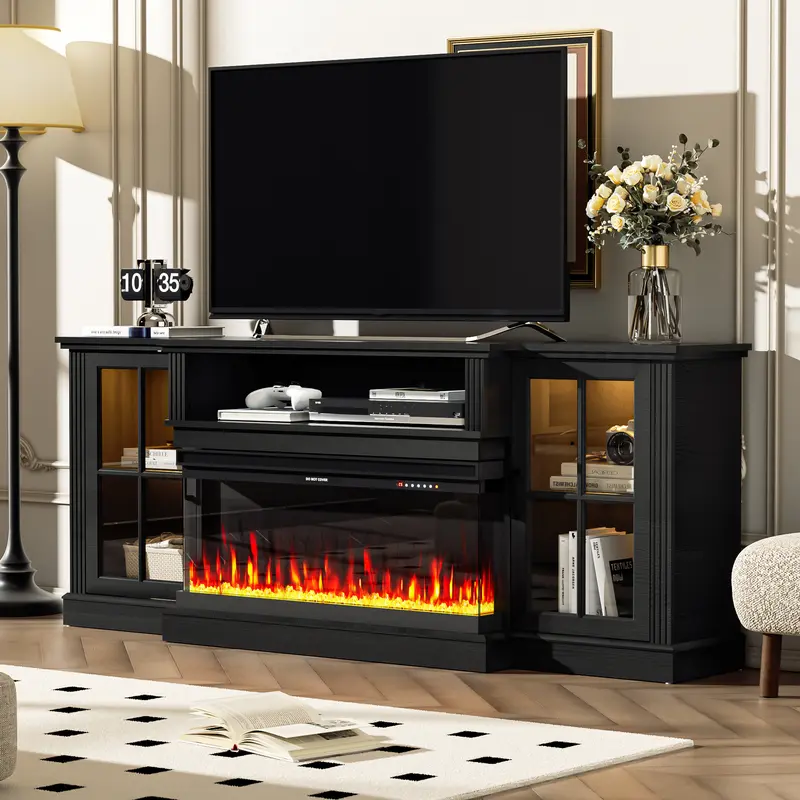 Spurgehom 3-Sided Fireplace TV Stand, 70" Farmhouse Highboy Entertainment Center with 34" Electric Fireplace & LED Lights - Media Console Table for Living Room, Fits TVs Up to 80 Inches