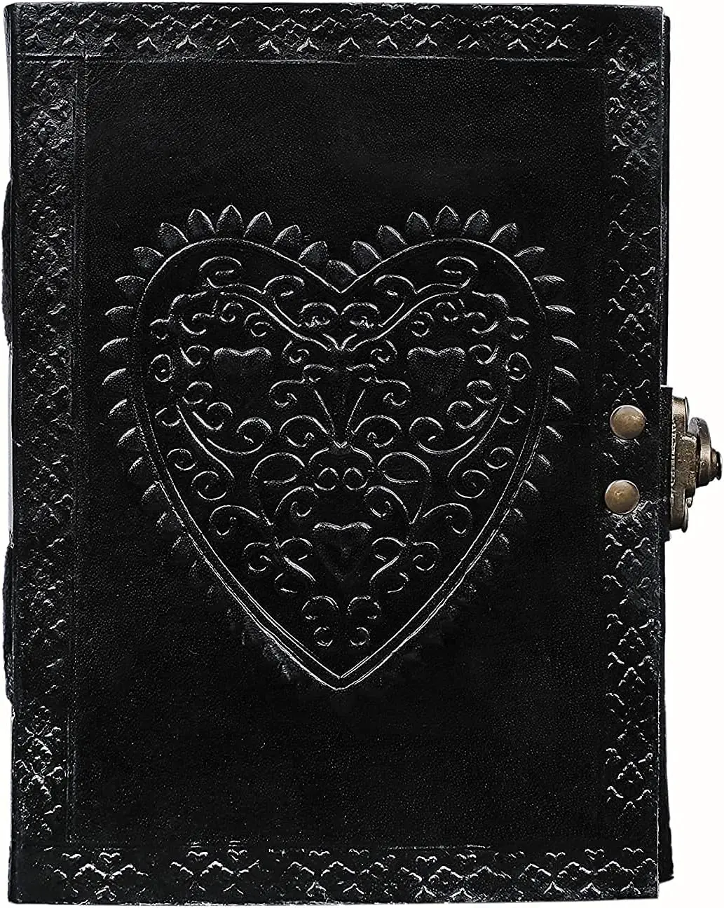 Large Heart-Embossed Black Uncut Paper Leather Journal - 8x6x1.5 in Unlined Cotton Paper Notebook with Lock, Unique Looks for Artists, Sketching Logbook